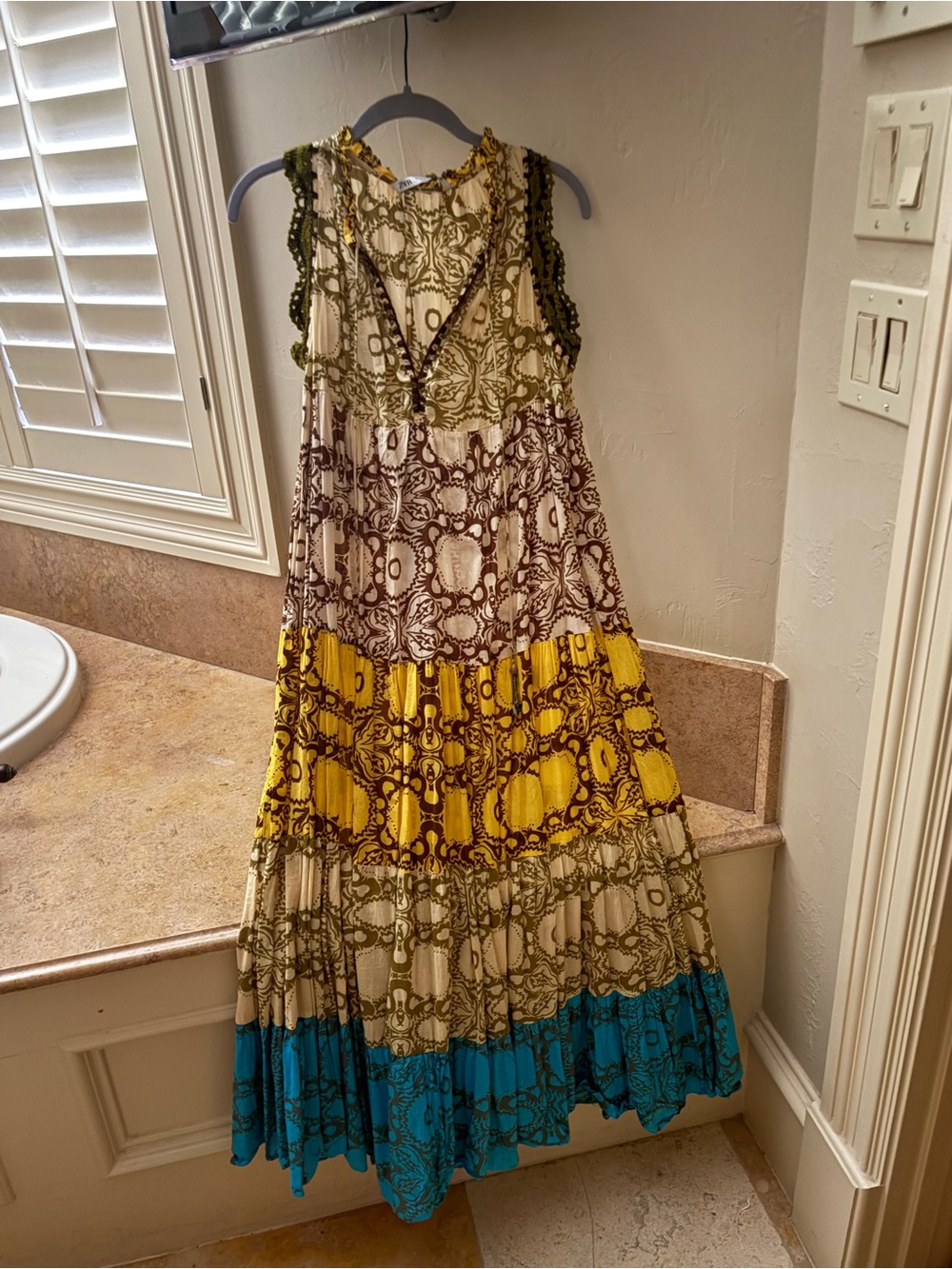 Boho Tiered Maxi Dress in Yellow, Teal & Olive